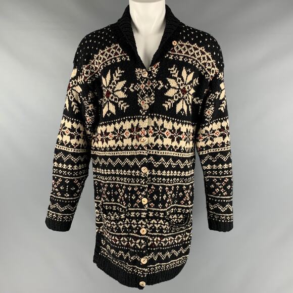 RALPH LAUREN Size L Black Cream Wool Silk Snowflake Cardigan - Picture 1 of 6